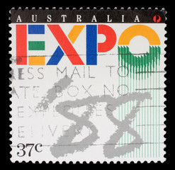 Stamp printed in Australia shows Expo '88 Logo, World Fair, Brisbane, circa 1988