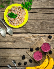 Healthy Breakfast of porridge and fresh smoothies.