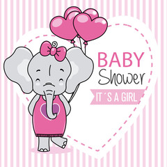 Baby shower card. Cute elephant with heart-shaped balloons.