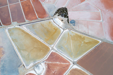 Aerial view of Ses Salines Es Trenc Estrenc saltworks at Colonia de Sant Jordi, Mallorca island, Spain