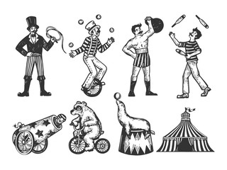 Retro circus performance set sketch style vector illustration. Old hand drawn engraving imitation. Human and animals vintage drawings © Oleksandr Pokusai