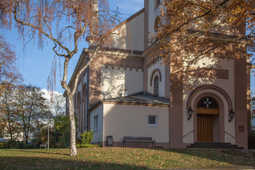 view at the entrance of the Protestant church in Neuwied Heddesdorf