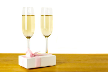 Glasses of champagne Valentines day gift box Isolated.