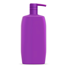 Purple Shampoo Bottle Template. Baby Hair Cosmetic. Plastic Container for Bath or Shower Toilet Skin Care Product. Liquid Gel or Oil Package with Pump Dispenser Lid. Kid Concept.