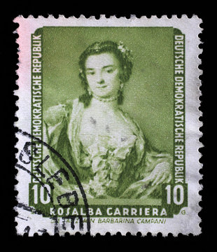 Stamp printed in DDR shows the painting Portrait of the dancer Barbarina Campani, by Rosalba Carriera, from the series Famous Paintings from Dresden Gallery, circa 1957.
