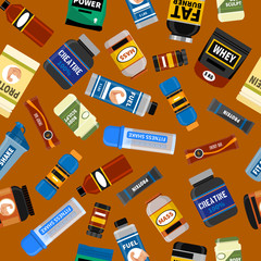 Sports nutrition supplement seamless pattern. Fitness. Protein, shakers energy drinks. Vector illustration healthy food bodybuilding power background.