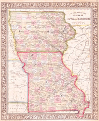 1864, Mitchell Map of Iowa and Missouri