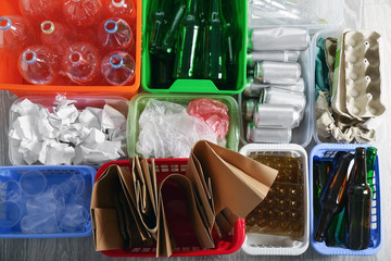 Different types of garbage in boxes. Recycle concept