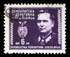 Stamp printed in Federal Democratic Republic of Yugoslavia shows Marshal Josip Broz Tito, circa 1945