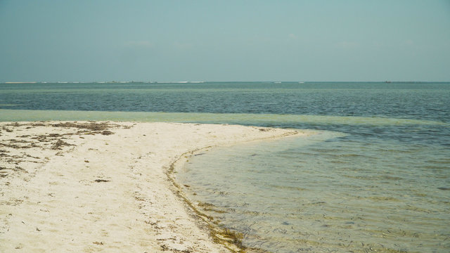 Tropical island with white sandy beach in blue lagoon. Tondol white sand beach with turquoise water. Seascape, ocean and beautiful beach. Philippines, Anda, Pangasinan. Travel concept.