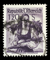 Stamp printed in Austria shows image woman in national Austrian costumes, Lower Austria, Wienerwald, series, circa 1949.