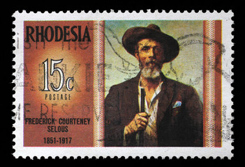 Stamp in Rhodesia shows Frederick Courteney Selous (1851-1917), explorer, big game hunter, series Famous Rhodesians, circa 1971