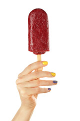 Female hand with beautiful manicure holding ice-cream on white background