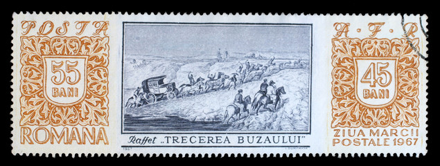 Stamp printed in Romania shows Crossing of Buzau River" by D.-A.-M. Raffet (1804-1860), Stamp Day, circa 1967.