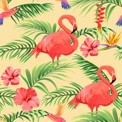 Seamless pattern with flamingos, hummingbirds and tropical plants