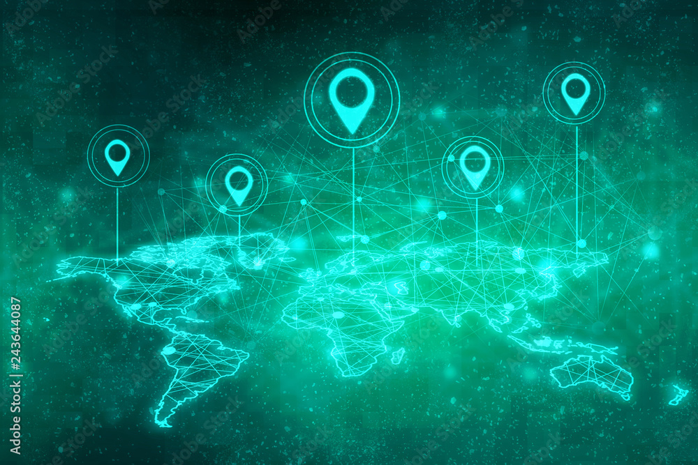 Fototapete 2d rendering red map pointer with world map
