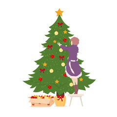 Girl decorates christmas tree on white background for graphic and web design, Modern simple vector sign. Internet concept. Trendy symbol for website design web button or mobile app