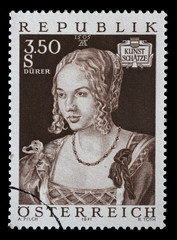 Stamp printed by Austria, shows Art Treasures in Austria, Venice Girl by Albrecht Durer, circa 1971