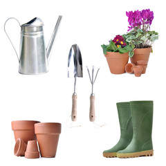 arrangement of gardening eipment and flowerpot on white background