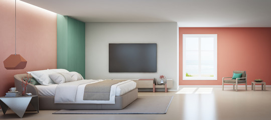 Sea view bedroom and pink living room of luxury summer beach house with double bed near wooden cabinet. TV on white wall in vacation home or holiday villa. Hotel interior 3d illustration.
