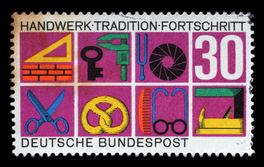 Stamp printed in Germany, shows the Symbols of Various Crafts, circa 1968