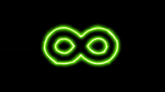 The appearance of the green neon symbol infinity. Flicker, In - Out. Alpha channel Premultiplied - Matted with color black
