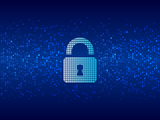 Pixel design padlock icon. Abstract mosaic technology background for website, presentation.