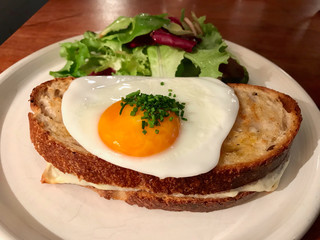 Croque Madame Sandwich with Fried Egg made with Sourdough Bread / French Breakfast Recipe