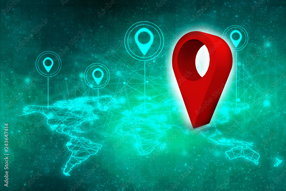 Fototapete 3d rendering red map pointer