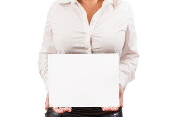 Mobile phone served on empty serving plate. Top view of a waitress in a white blouse on the white background. Concept. Isolated