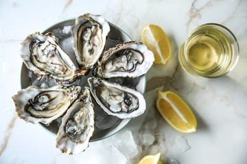 Plate with tasty cold oysters, lemon and white wine on light table