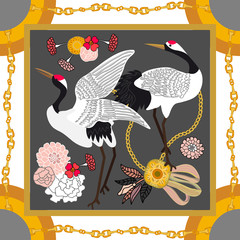Silk scarf with crane inspired by Japanese art. 