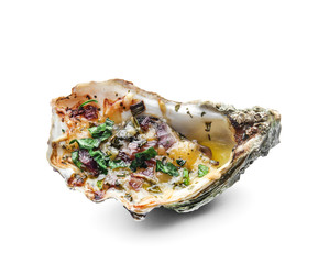 Tasty baked oyster on white background