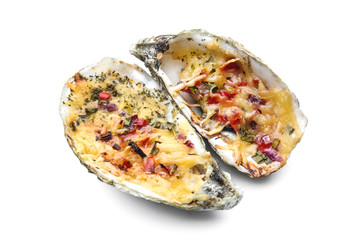 Tasty baked oysters on white background