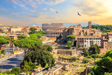 Naklejka na ściany i meble Coliseum and Roman Forum, beautiful sunset view