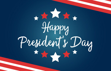 Happy President's Day national US holiday. Greeting card with symbols of American flag, with stripes and stars. Includes creative lettering on blue background.
