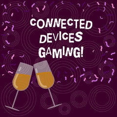 Writing note showing Connected Devices Gaming. Business photo showcasing devices operate interactively and autonomously Filled Wine Glass for Celebration with Scattered Confetti photo