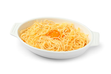 Dish with tasty pasta and egg on white background