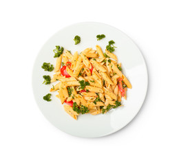 Plate with tasty pasta on white background