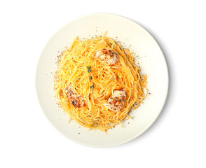 Plate with tasty pasta and chicken on white background