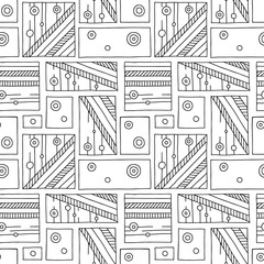 Seamless vector pattern. Black and white geometrical hand drawn background with rectangles, squares, dots. Print for decorative wallpaper, packaging, wrapping, fabric. Line drawing, graphic design