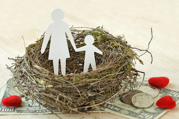 Paper mother and son in nest on money and hearts - Concept of single parent family