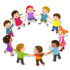 Happy kids holding hands in a circle. Cute boys and girls having fun