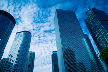 low angle view of skyscrapers in city of China.