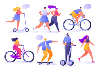 Summer outdoor sports activities. People running, roller, fitness, skateboarding, bicycling. Characters doing workout outside. Flat, cartoon, trendy, vector illustration.