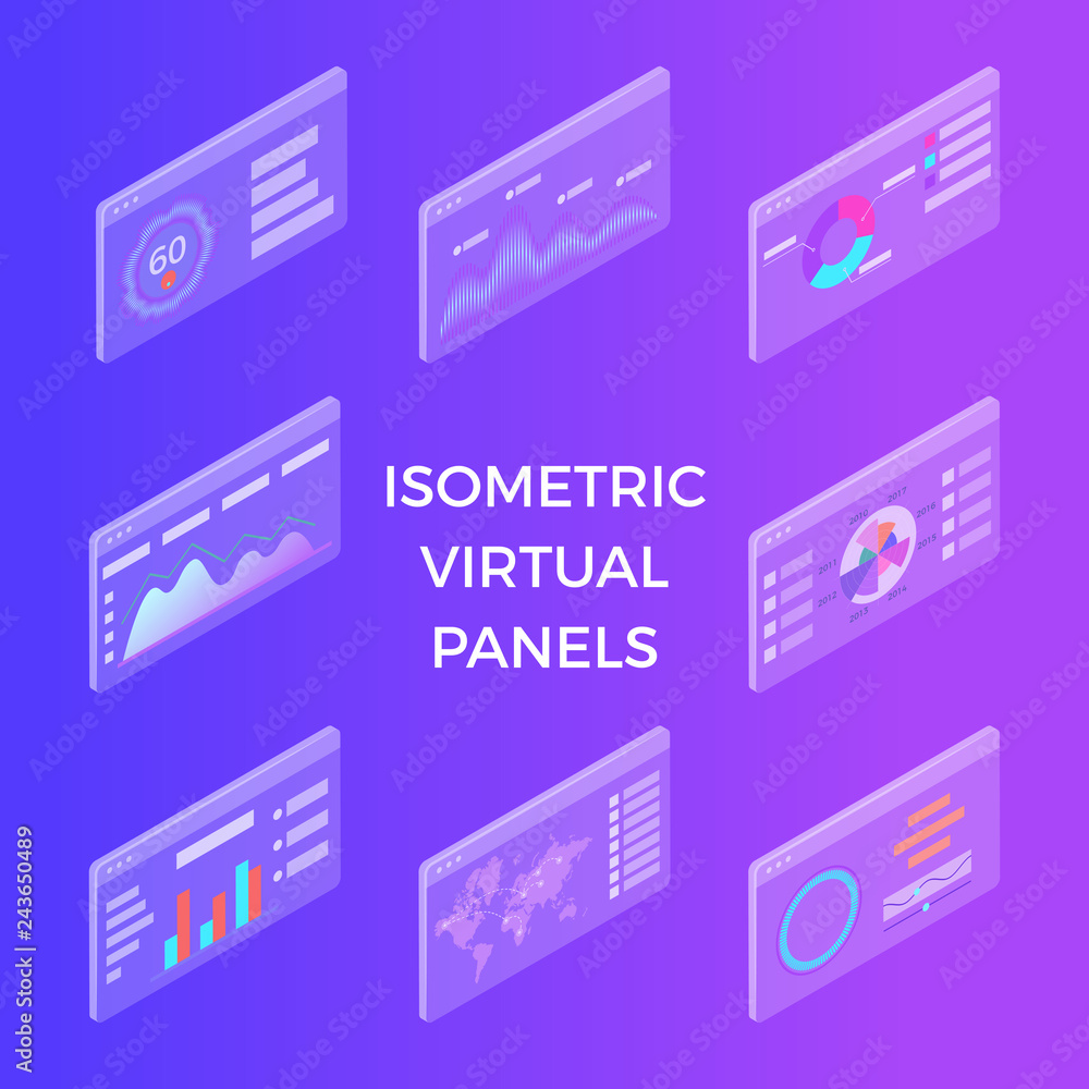 Wall mural isometric virtual panels. data visualization concept. 3d vector isometric illustration. can be used 