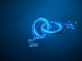 Male and female gender symbols. Wireframe digital 3d illustration. Low poly, men and women hetero-sexuality concept on blue background. Abstract Raster polygonal neon LGBT sign. RGB color mode