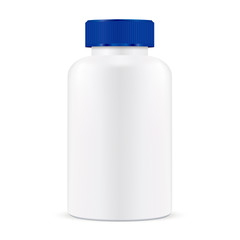 Pill Bottle. Blue Lid White Plastic Medicine Container for Vitamin, Supplement, Aspirin and other Capsule Pharmaceutical Product. Empty Round Packaging Realistic Mockup for Cure. Medication Drug Pack.