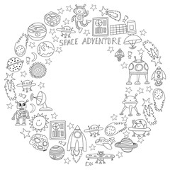 Vector set of space elements icons in doodle style. Painted, black monochrome, pictures on a piece of paper on white background.