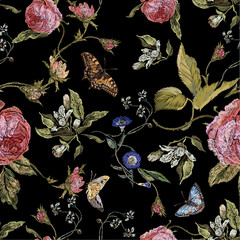 Embroidery seamless floral pattern with roses and butterflies - 243650674